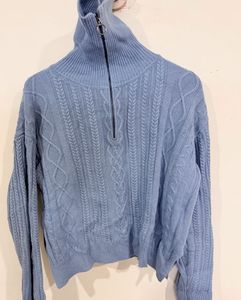 Blue Quarter Zip Knit Oversized Sweater