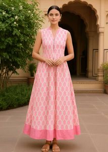 Block Print Pink Sleevless Gown By Meena Bazaar