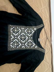 Black Embroidered Dress with Fringe Details