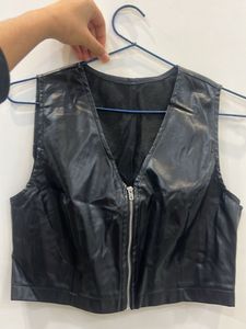 Black Faux Leather Cropped Vest