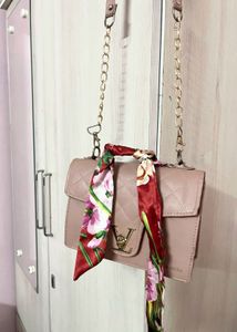 Chic Pink Sling Bag with Floral Scarf