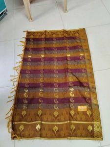 Tan With Meroon Semi Silk Saree ..