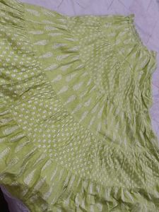 White Embroidered Top With Green Printed Skirt