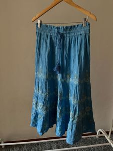 Linen Blue Embroidered A-Line Skirt