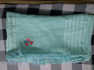 Sky Blue Saree And Blouse  With Red Colour Flower Patches On It With Little Bit Of Stone Work Very Beautiful Saree