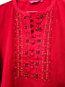 Iktara Maroon Red Thread &amp;  Bead Embroidery Kurta
