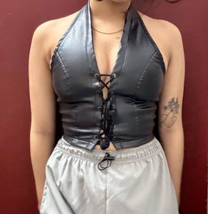 Lace-Up Faux Leather Halter Top