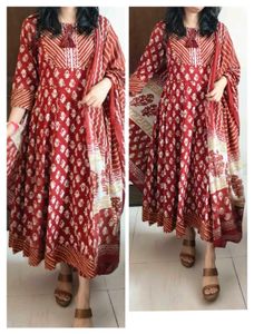 Women Anarkali Gota Printed Cotton Red Suit Set
