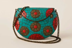 Turquoise And Coral Mosaic Stone Chain Sling Bag