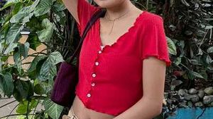 Front Frill Red Button Half Sleeve Top