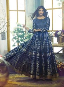 Blue Round Neck Embellished Mughal Gown