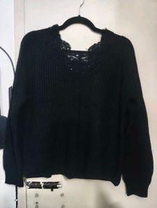 Black Lace Trim V-Neck Sweater
