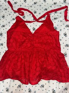 Red Halter Eyelet Top