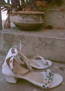 White Floral Block Heel