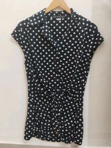 Black Polka Dot Button-Down Dress with Front Knot
