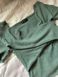 Sage green ribbed knit wrap-style top