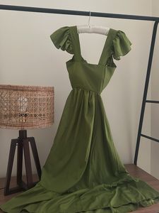 padded Olive Green Midi Dress backless