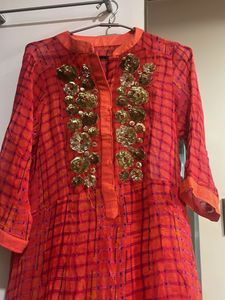 Red Embellished High-Low Kurti