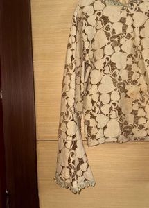 Beige Top With Pearl &amp; Lace Details Styled Sleeves