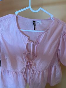 H&amp;M Pink Tie-Front Puff Sleeve Top