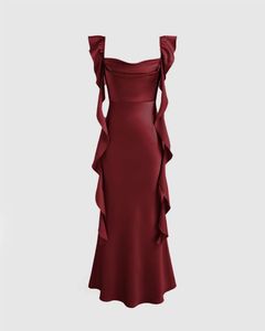 Cowl Neck Ruffle Maxi Dress In Cherry Red