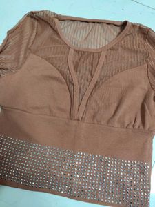 Stylish Brown Sheer Top With Embellishment