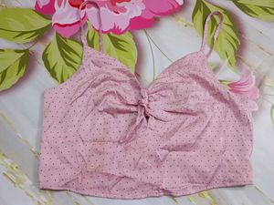 (514)Pink Polka Dot Tie-Front Crop Top