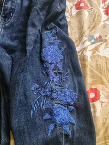 Navy Blue One Sided Embroidery Jeans