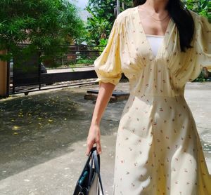 Cottage Core Yellow Cherry Printed Dress (Made In