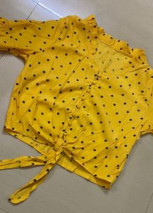 Yellow Polka Dot Tie-Front Top
