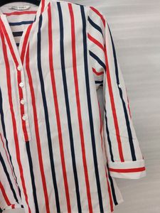 Cream Shirt With Orange And Blue Stripes