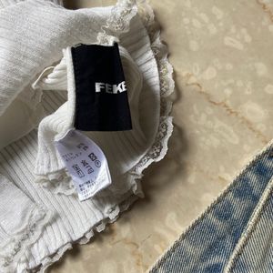 Ribbed Lace Trim Button-Up Top