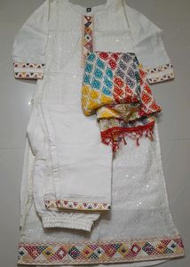 Beautiful White 3 Piece Suit With Multicolour Work