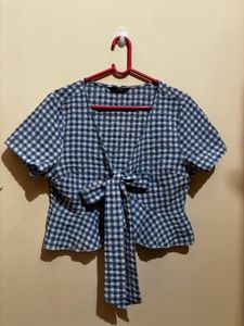 Blue Gingham Tie-Front Top