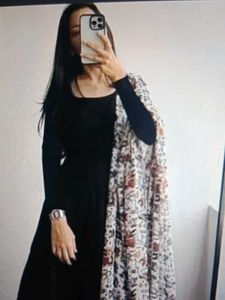 Elegant Black Dress with Printed Shawl