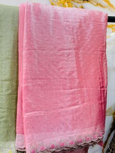 Heavy Stones Satin Saree With Contrast Blouse