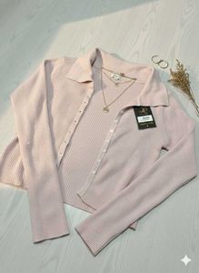 Pink Ribbed Button-Down Cardigan