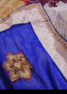 White Blue Heavy Work Saree With Blouse