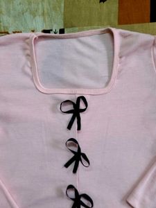 Squeare Neck Pink Long Sleeve Top with Bows