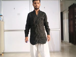 BLACK APPLE CUT KURTA WITH WHITE SALWAR