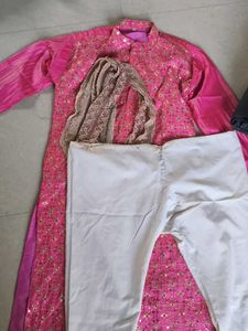 Pink Embroidered Kurta Set For Men