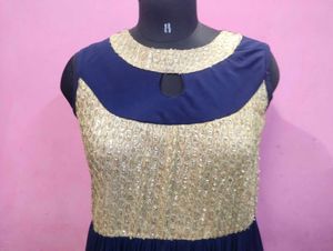 Elegant Navy Blue Gown with Gold Sequins ✨