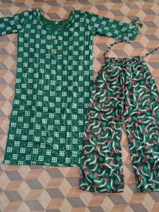 Green Printed Kurti Pant Set