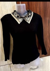 Sale!gorgeous embellished neck ribbed collar top ❤