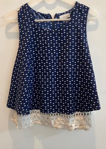 Navy Heart Print Top with Lace Trim