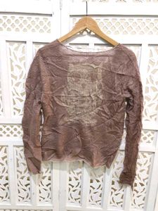 Brown Tie Front Sheer Knit Cardigan B