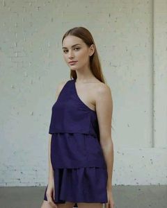 Shein Cute Solid One Shoulder Flared Hem Mini Laye