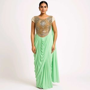 Florescent GREEN DRAPE SAREE WITH LEGGINGS