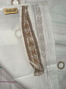 Brown Floral Bordered White Saree