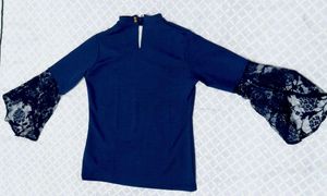 Navy Pearl Detail Lace Sleeve Top